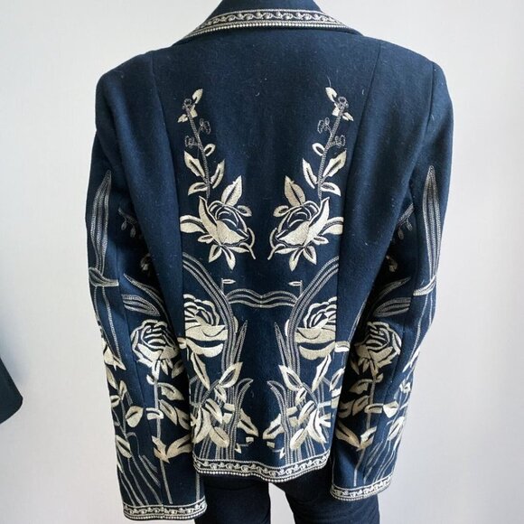 Nygard Collection Black Wool Gold Floral Embroidery Blazer M - Picture 7 of 8